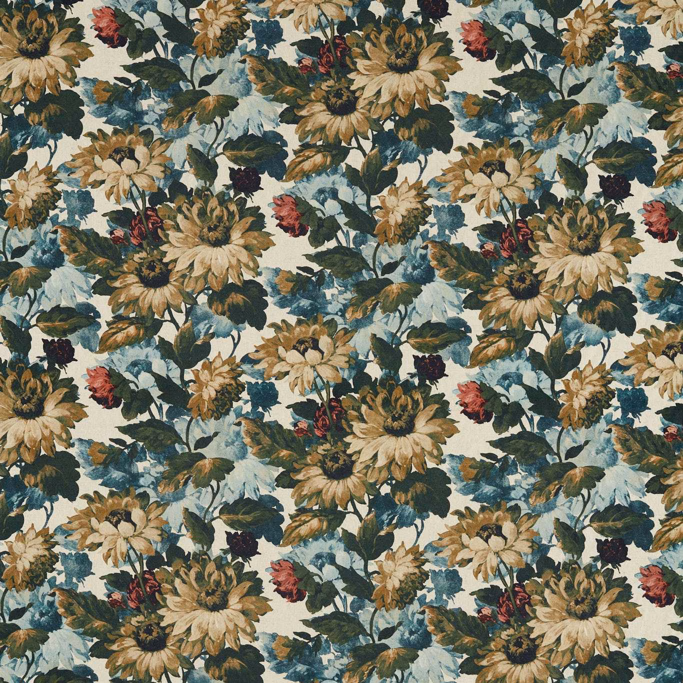 Dense antique floral textile with cream ground, teal foliage, tan blooms and berry-red flowers