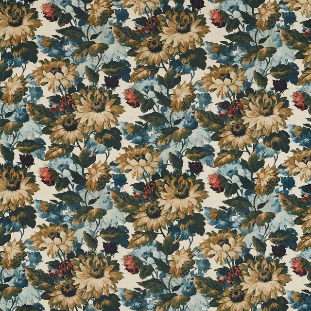 Dense antique floral textile with cream ground, teal foliage, tan blooms and berry-red flowers