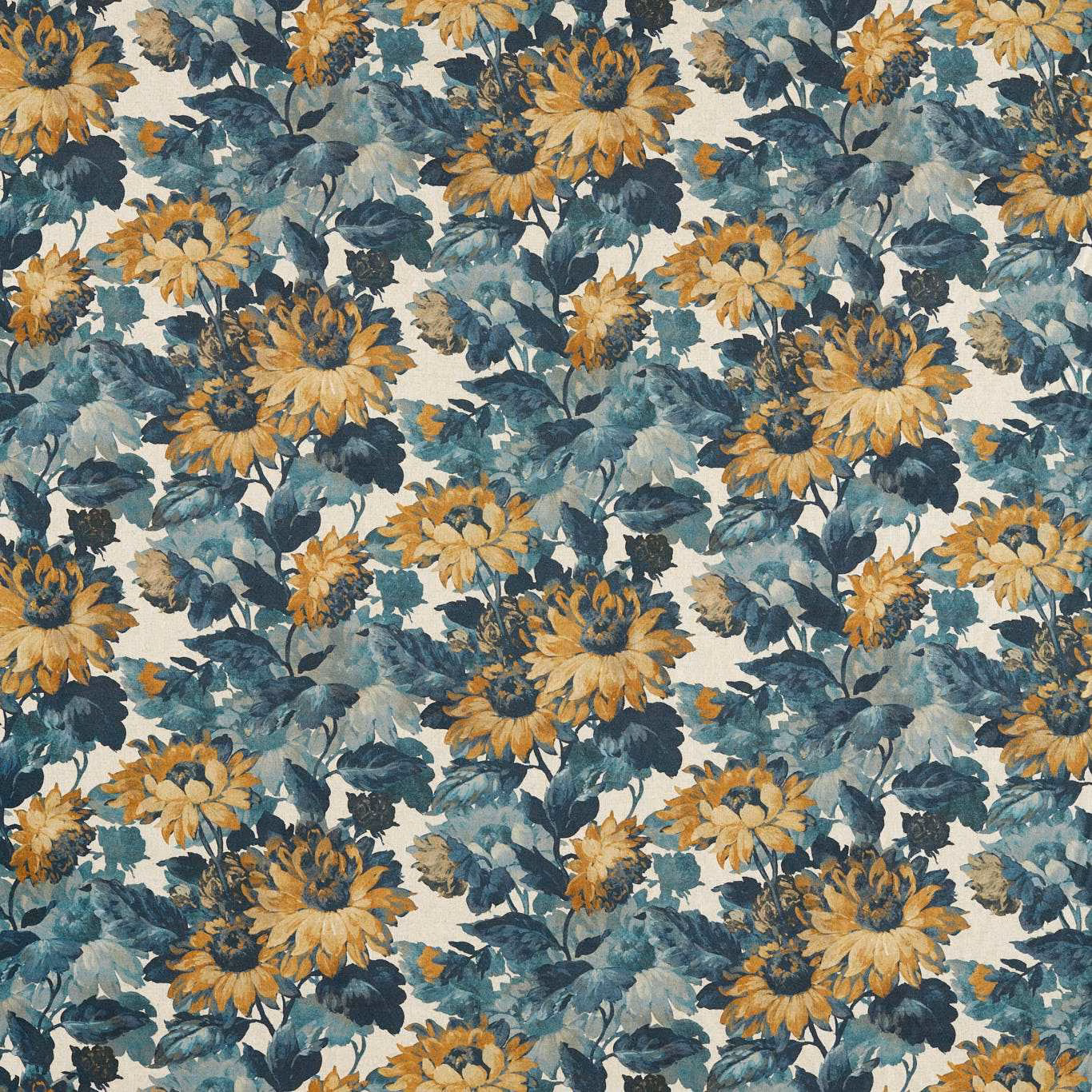 Denim-blue and ochre sunflower floral pattern on a linen-toned ground