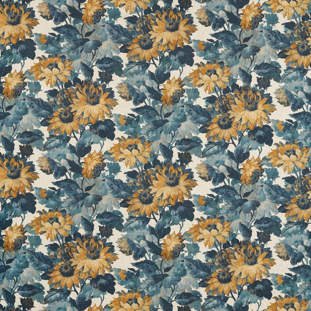 Denim-blue and ochre sunflower floral pattern on a linen-toned ground