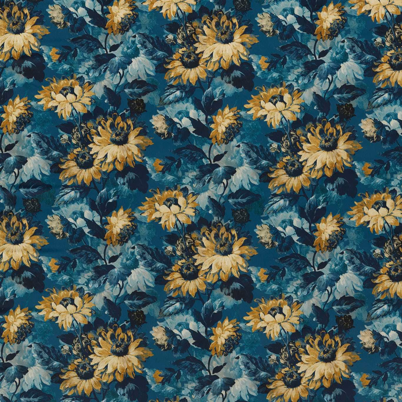 Denim-blue floral fabric with ochre sunflowers and painterly teal foliage