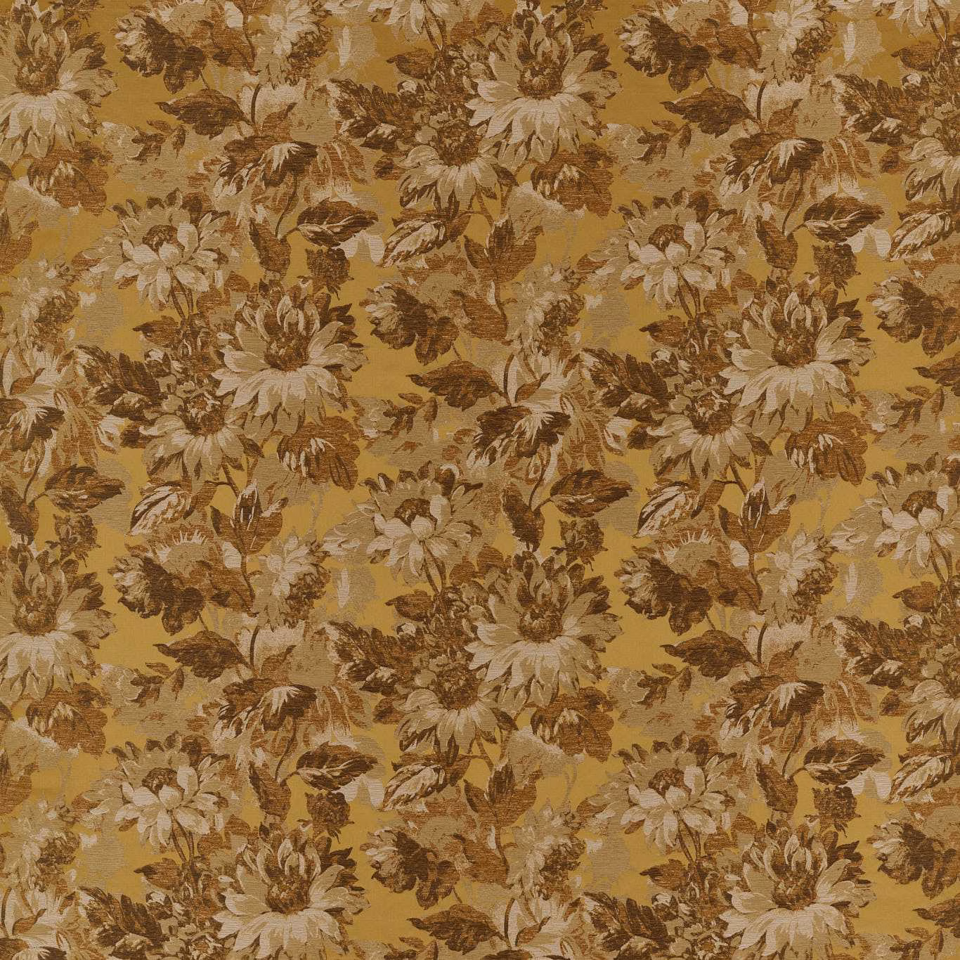 Ochre floral fabric with cream daisies and brown leafy motifs in a textured weave