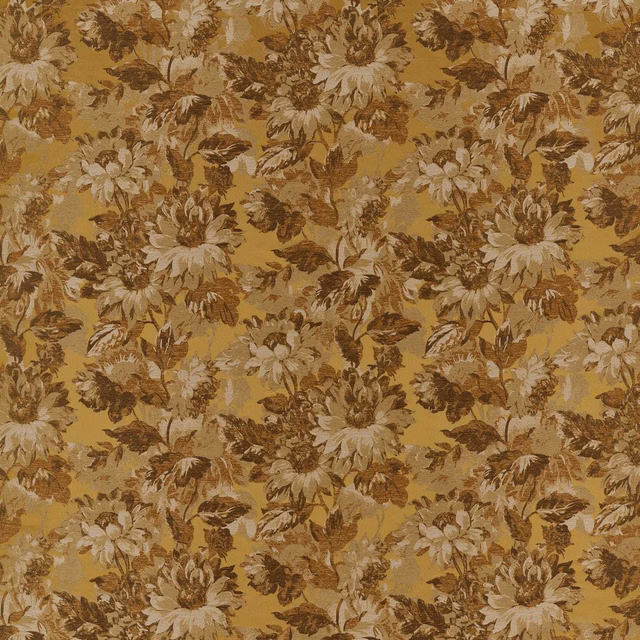 Ochre floral fabric with cream daisies and brown leafy motifs in a textured weave