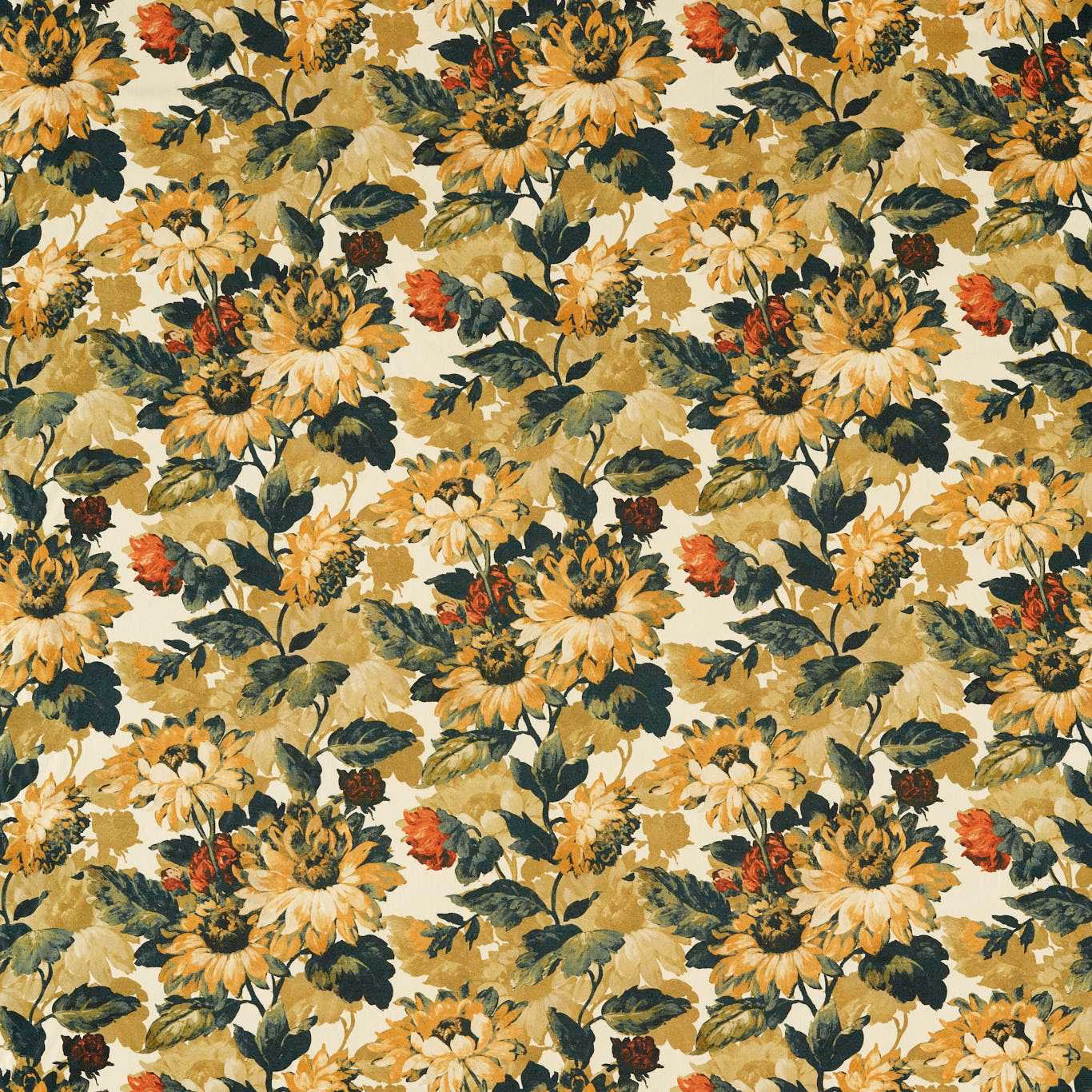 Olive floral textile with cream daisies, russet blooms and painterly leafy clusters