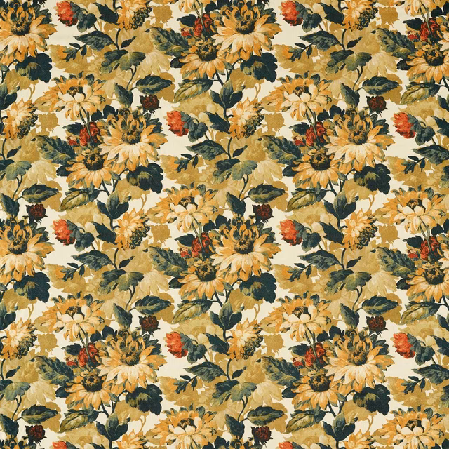 Olive floral textile with cream daisies, russet blooms and painterly leafy clusters
