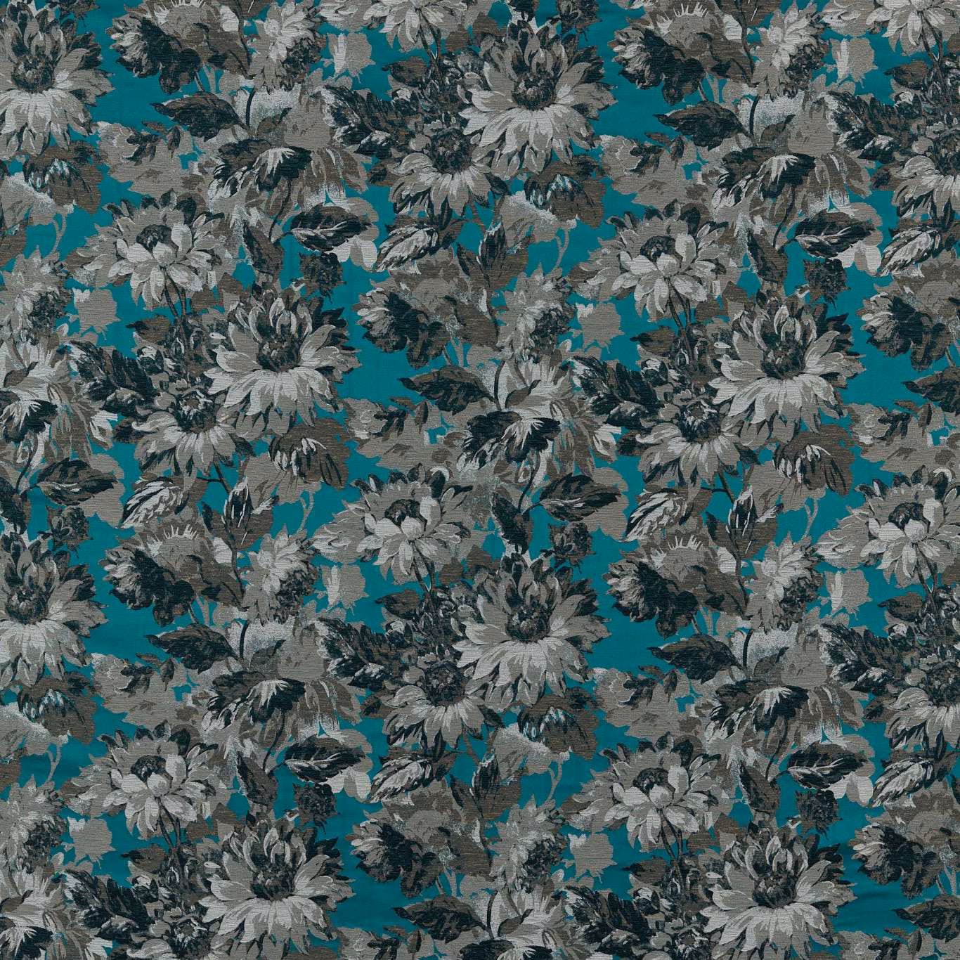Grey and ivory flowers over a deep teal ground with dark leafy foliage