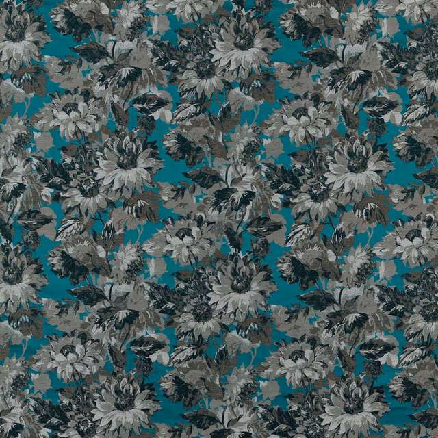 Grey and ivory flowers over a deep teal ground with dark leafy foliage