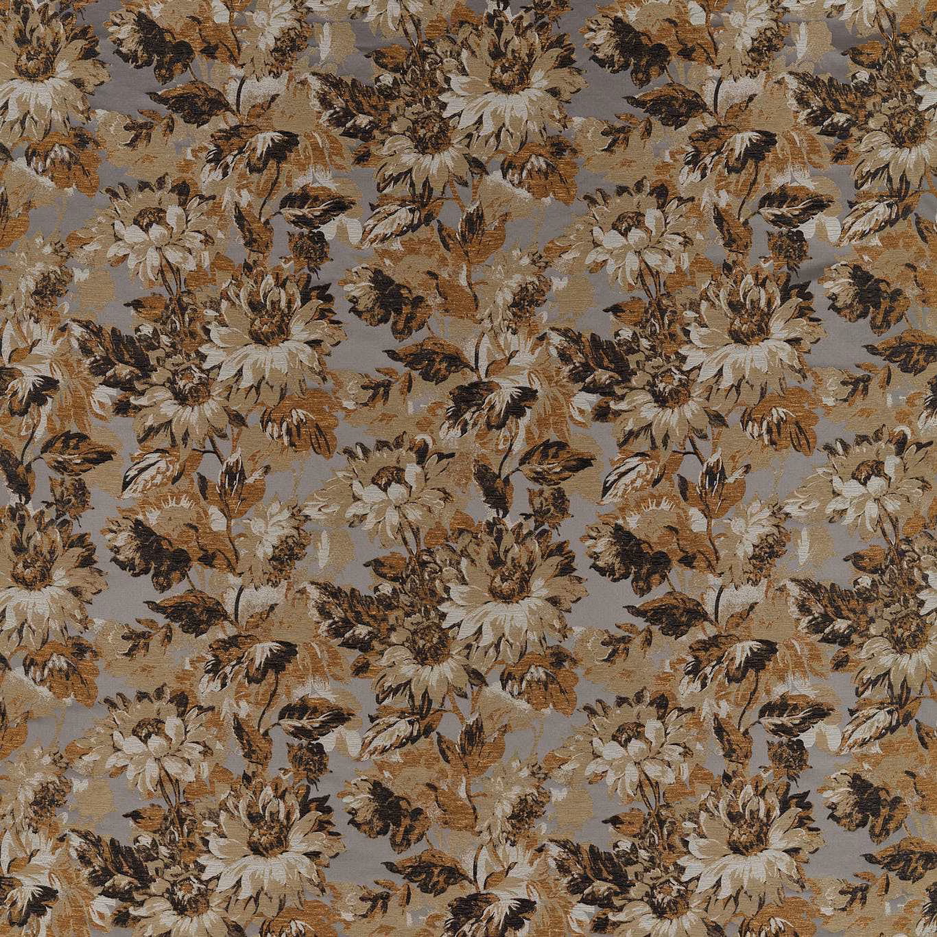 Cool taupe woven fabric with cream flowers and brown leafy floral clusters