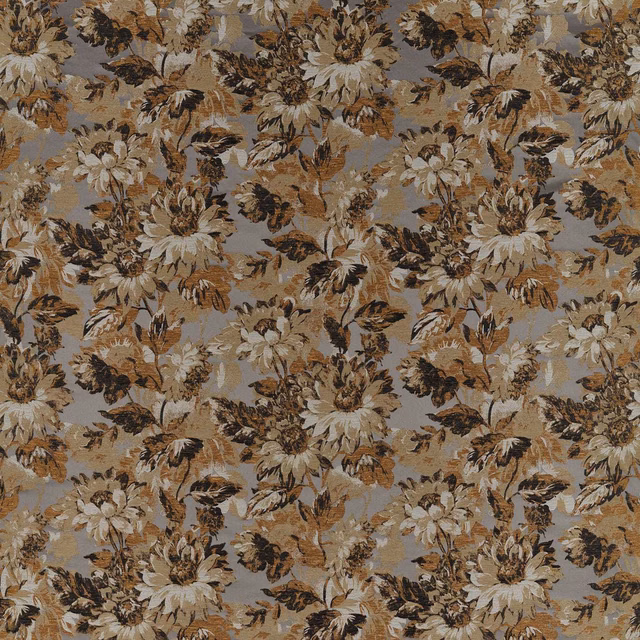 Cool taupe woven fabric with cream flowers and brown leafy floral clusters