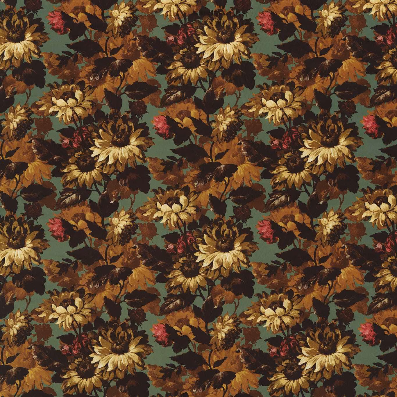 Sage floral fabric with ochre blooms, russet leaves and dark brown foliage