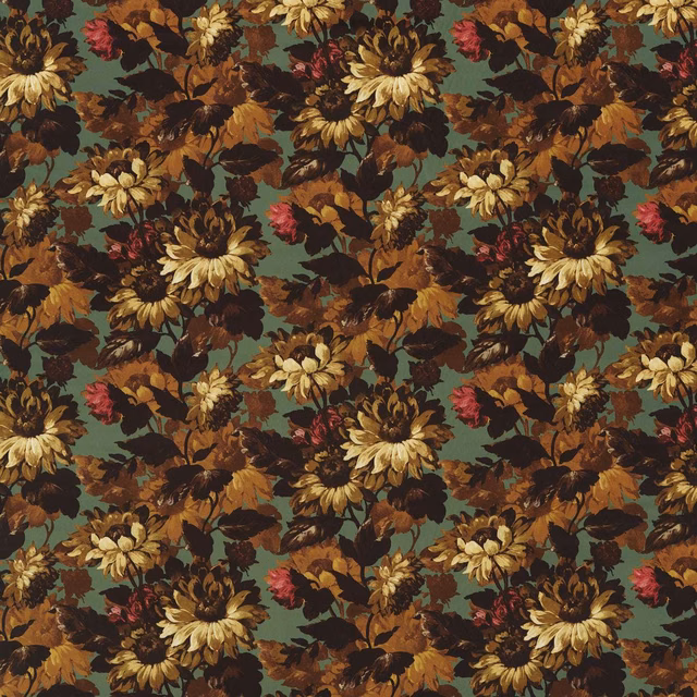 Sage floral fabric with ochre blooms, russet leaves and dark brown foliage