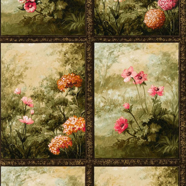 Antique olive garden wallpaper panels with pink flowers and dark botanical borders
