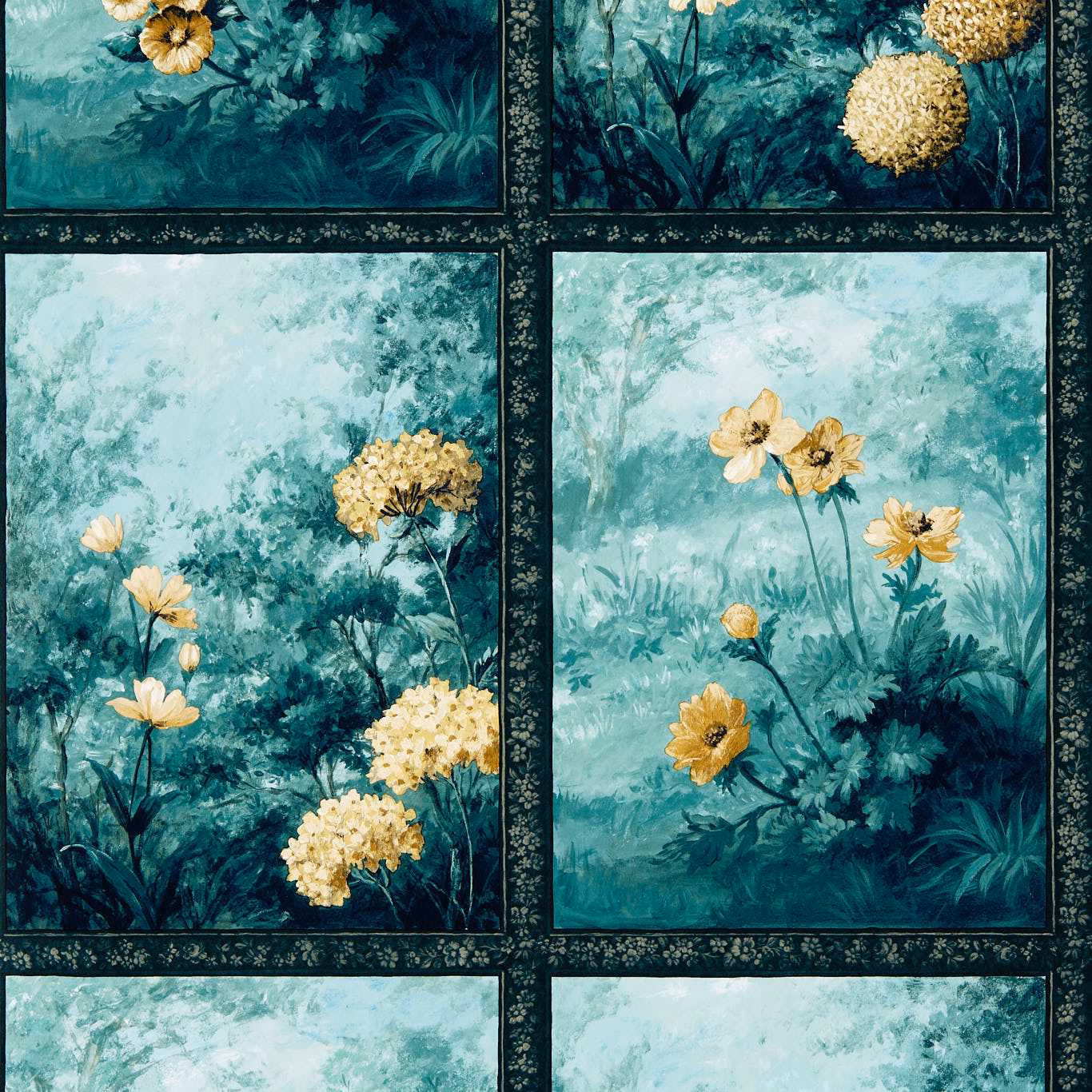 Denim-teal botanical wallpaper panels with pale aqua foliage and ochre flowers