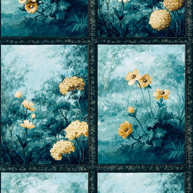 Denim-teal botanical wallpaper panels with pale aqua foliage and ochre flowers