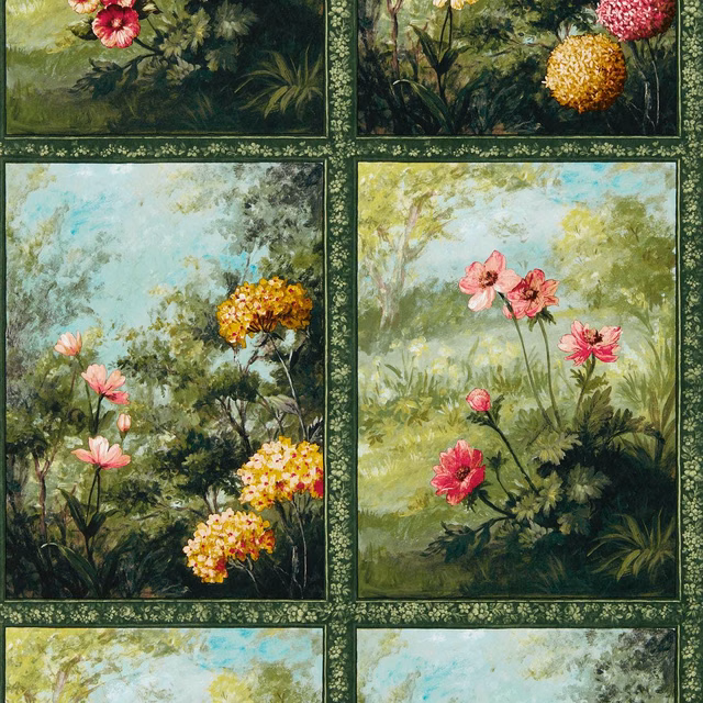 Deep forest-green framed botanical panels with pink blooms and pale turquoise skies