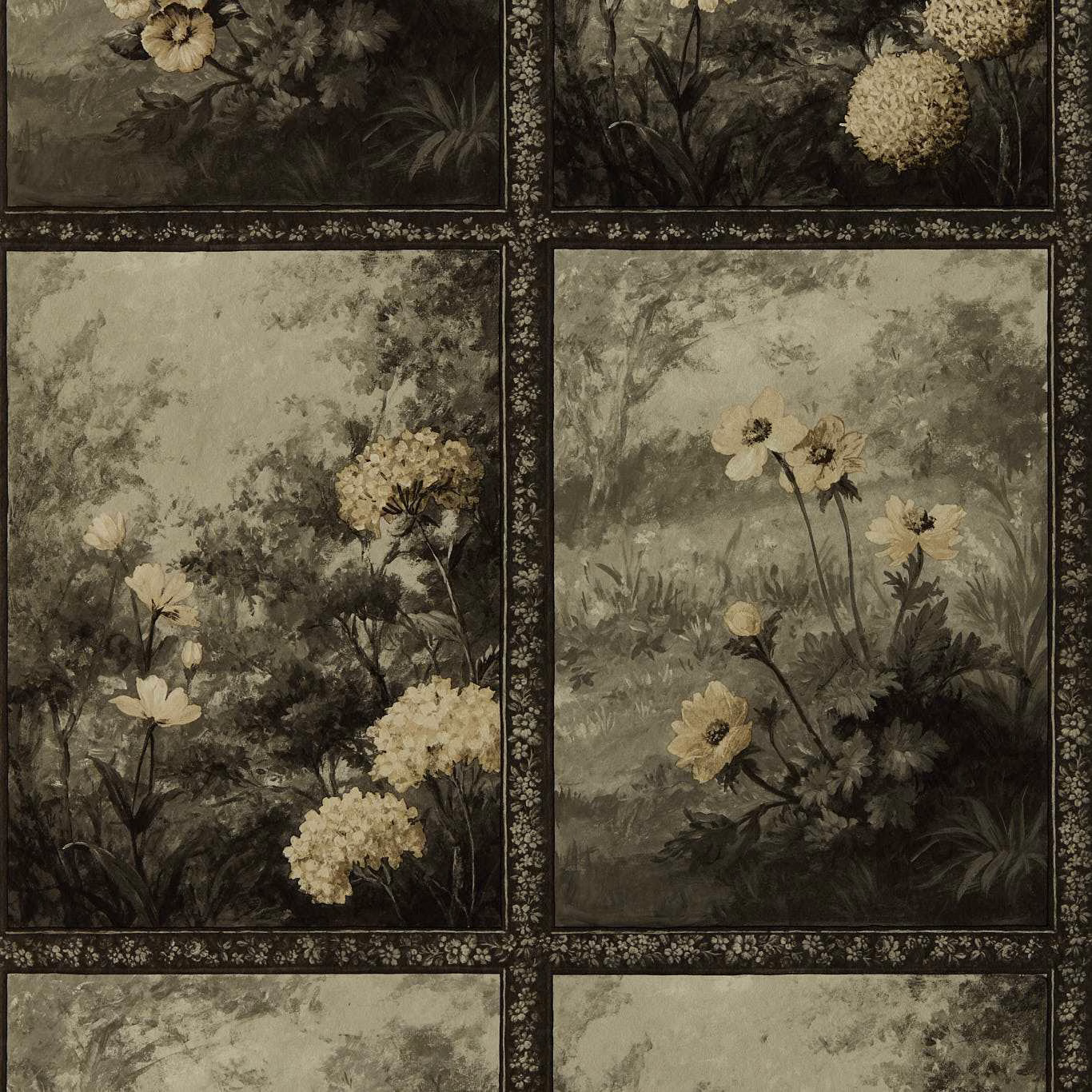 Muted olive-grey wallpaper with cream flowers in framed botanical garden panels