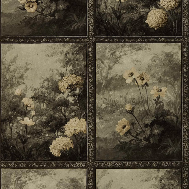 Muted olive-grey wallpaper with cream flowers in framed botanical garden panels