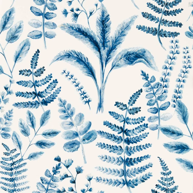 Cool denim-blue ferns and eucalyptus-like leaves on a soft cream ground