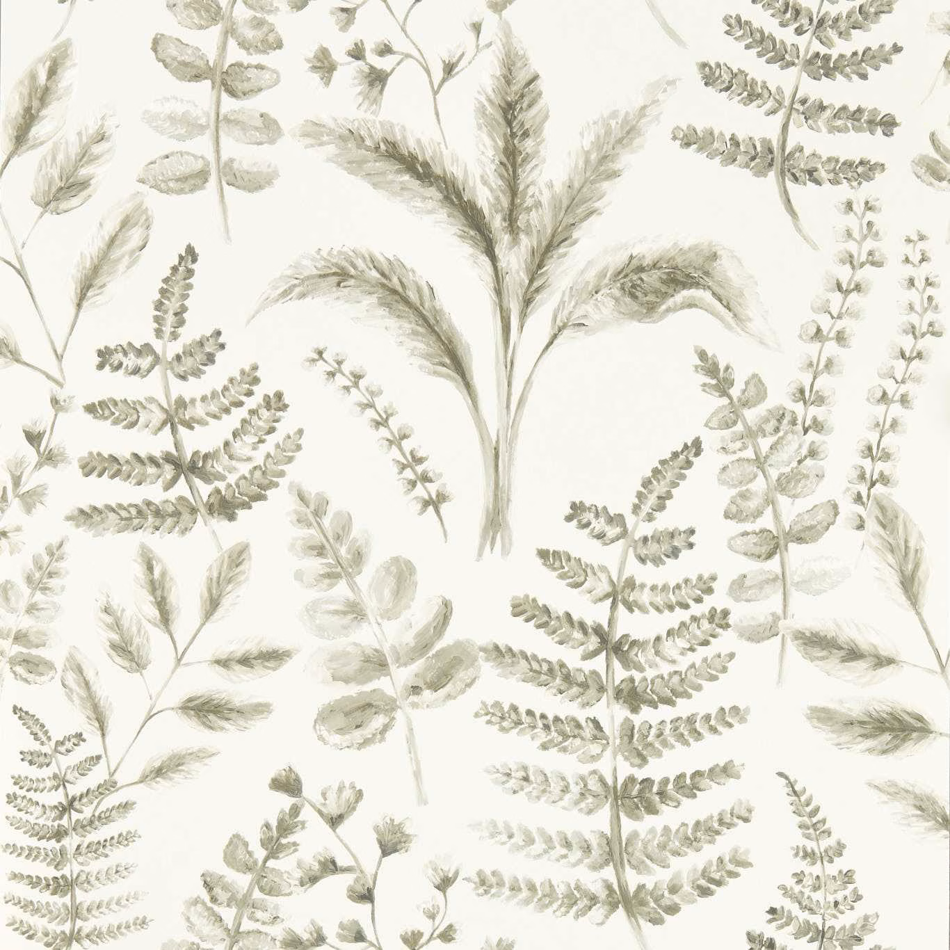 Warm ivory wallpaper with muted sage ferns, grasses and delicate botanical stems