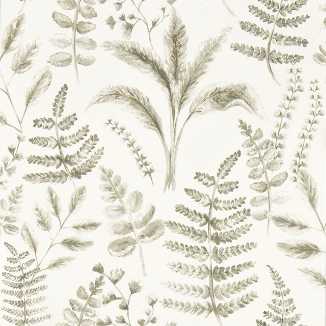 Warm ivory wallpaper with muted sage ferns, grasses and delicate botanical stems