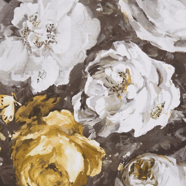 Large ivory and ochre flowers brush-painted across a charcoal-brown ground