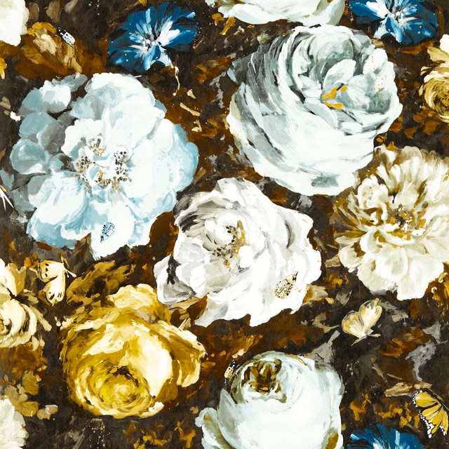 Painterly mineral-blue and cream flowers on a charcoal, ochre-brushed wallpaper ground
