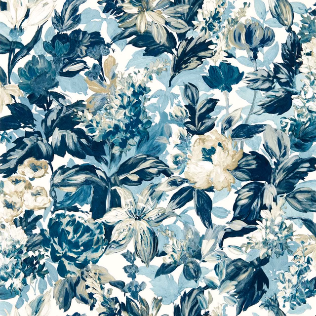 Denim-blue and ivory painterly floral wallpaper with layered blooms and loose brushstrokes