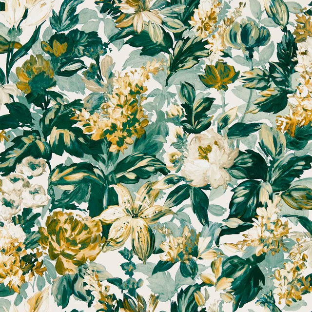 Painterly cream wallpaper with deep teal leaves, white blooms and mustard-gold floral accents