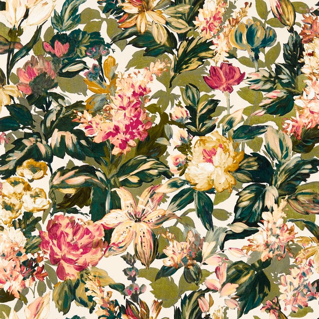 Dense olive and raspberry floral wallpaper with painterly leaves and cream blooms