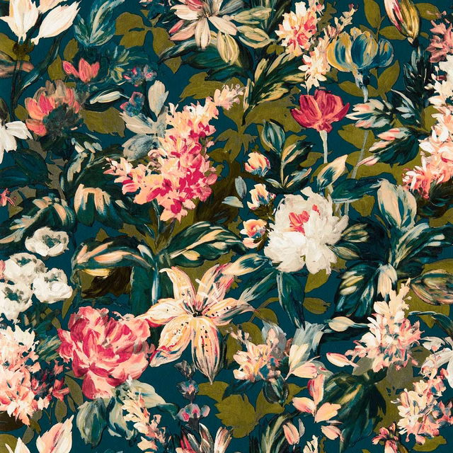 Dense cream, pink and coral florals over a deep peacock-teal ground