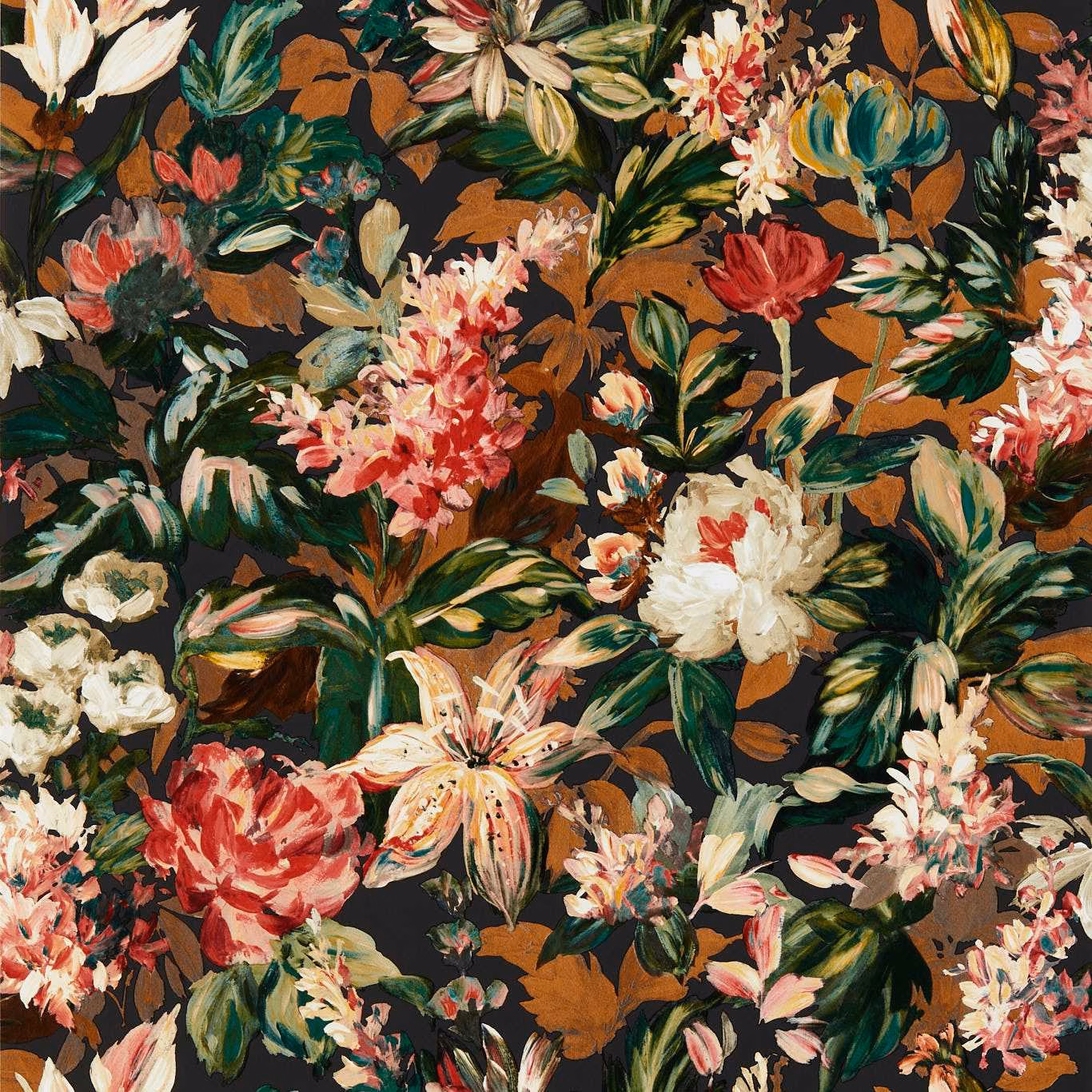 Dense russet, coral and ivory florals with green leaves on a near-black ground