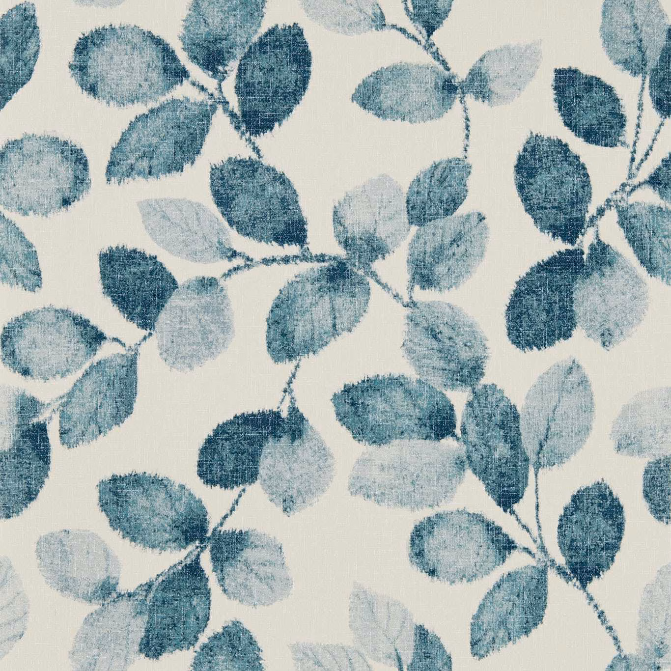Painterly denim and pale blue leaves on a warm ivory ground