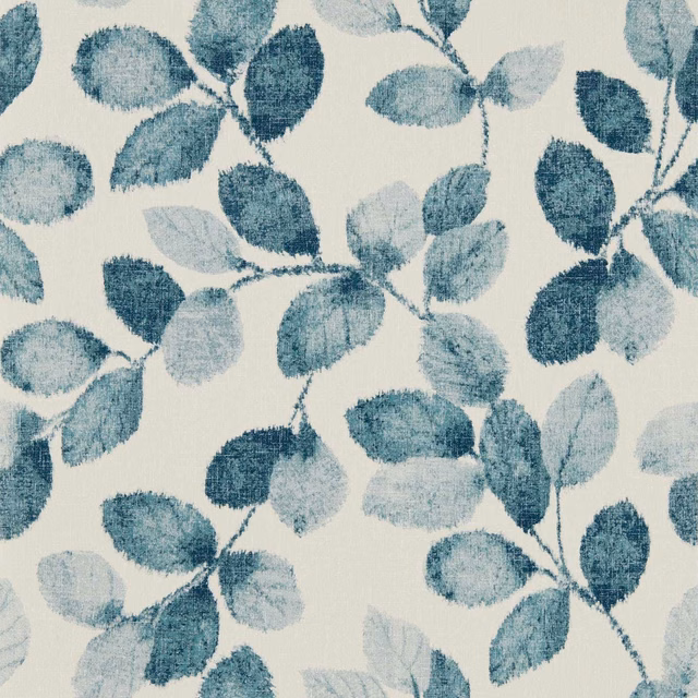 Painterly denim and pale blue leaves on a warm ivory ground