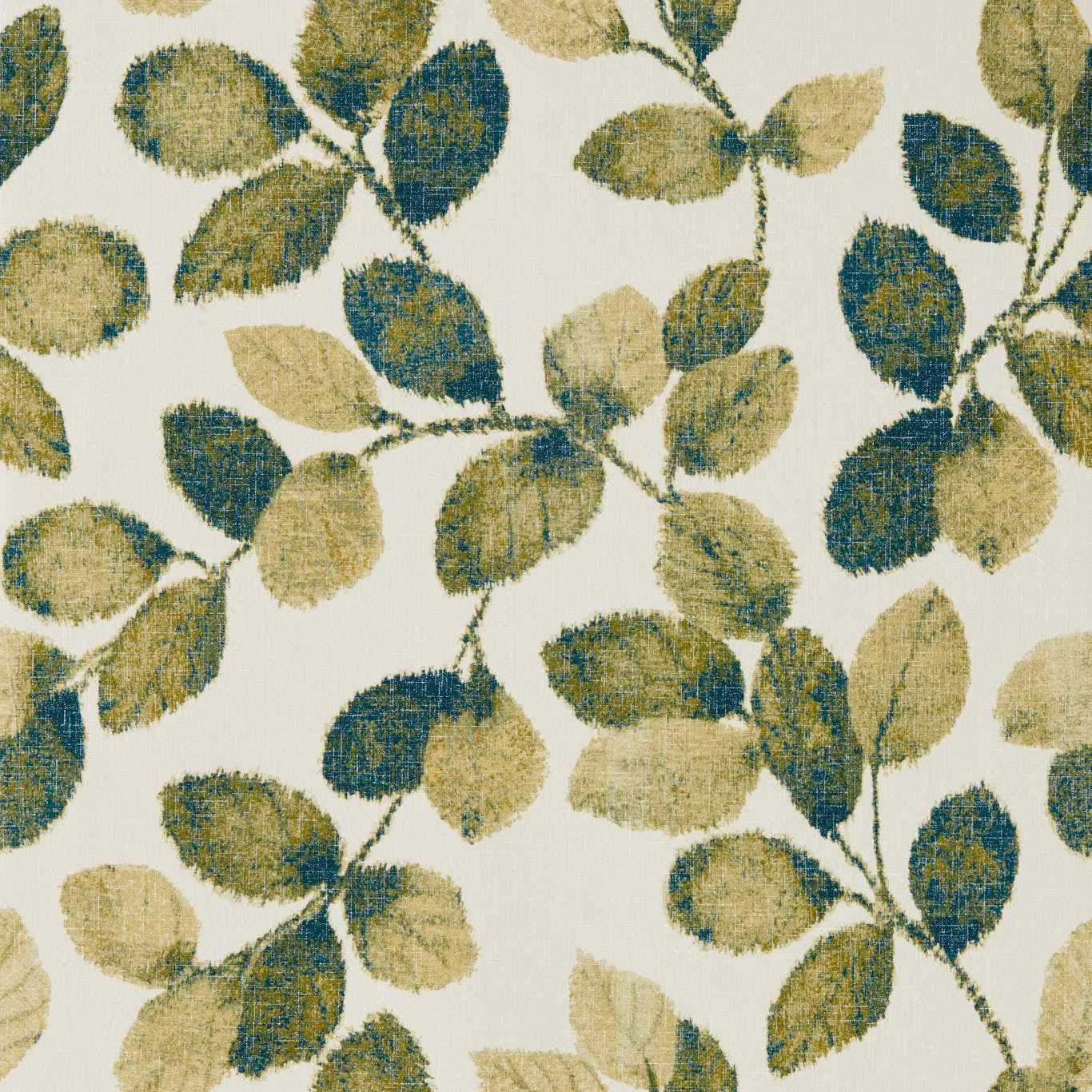 Ivory wallpaper with mottled olive and peacock-blue leaves on branching stems