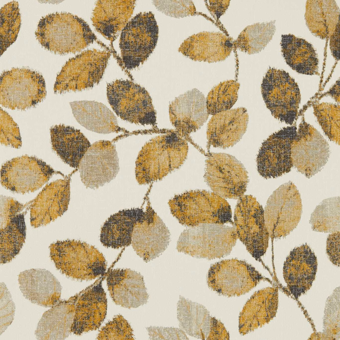Ivory wallpaper with ochre, pewter and charcoal leafy branches in a fine crosshatched texture