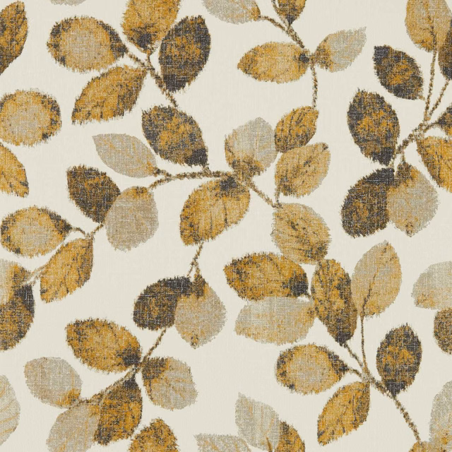 Ivory wallpaper with ochre, pewter and charcoal leafy branches in a fine crosshatched texture
