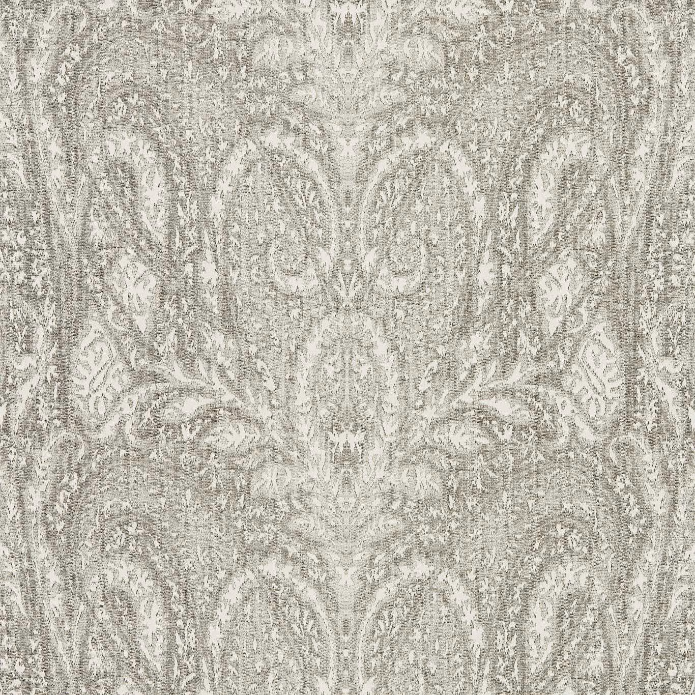 Pale dove-grey damask wallpaper with distressed scrolling foliage and softly mottled texture