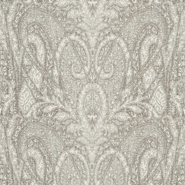 Pale dove-grey damask wallpaper with distressed scrolling foliage and softly mottled texture