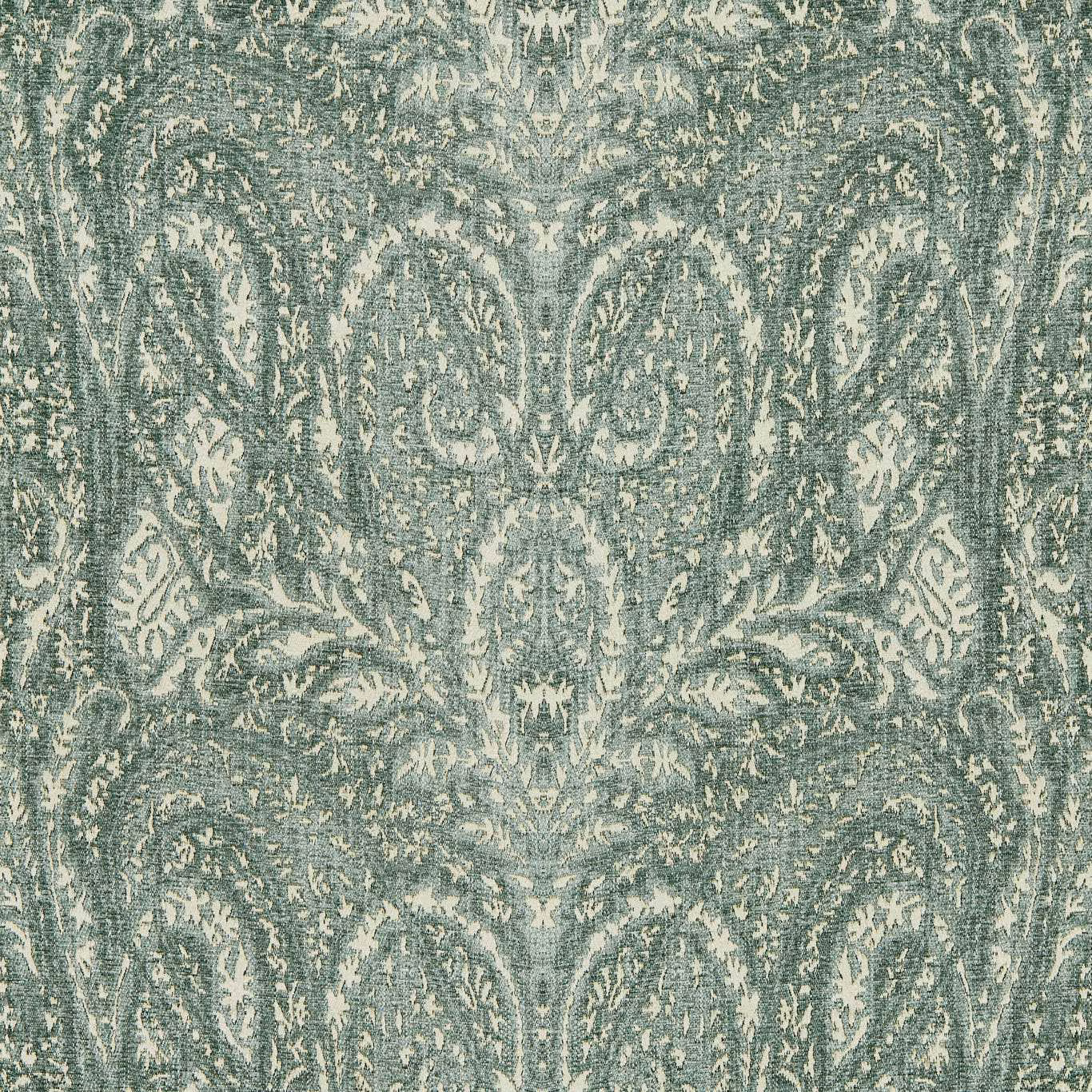 Muted eau-de-nil damask wallpaper with pale distressed scrolls and botanical detailing
