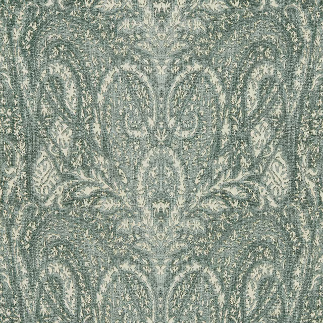 Muted eau-de-nil damask wallpaper with pale distressed scrolls and botanical detailing