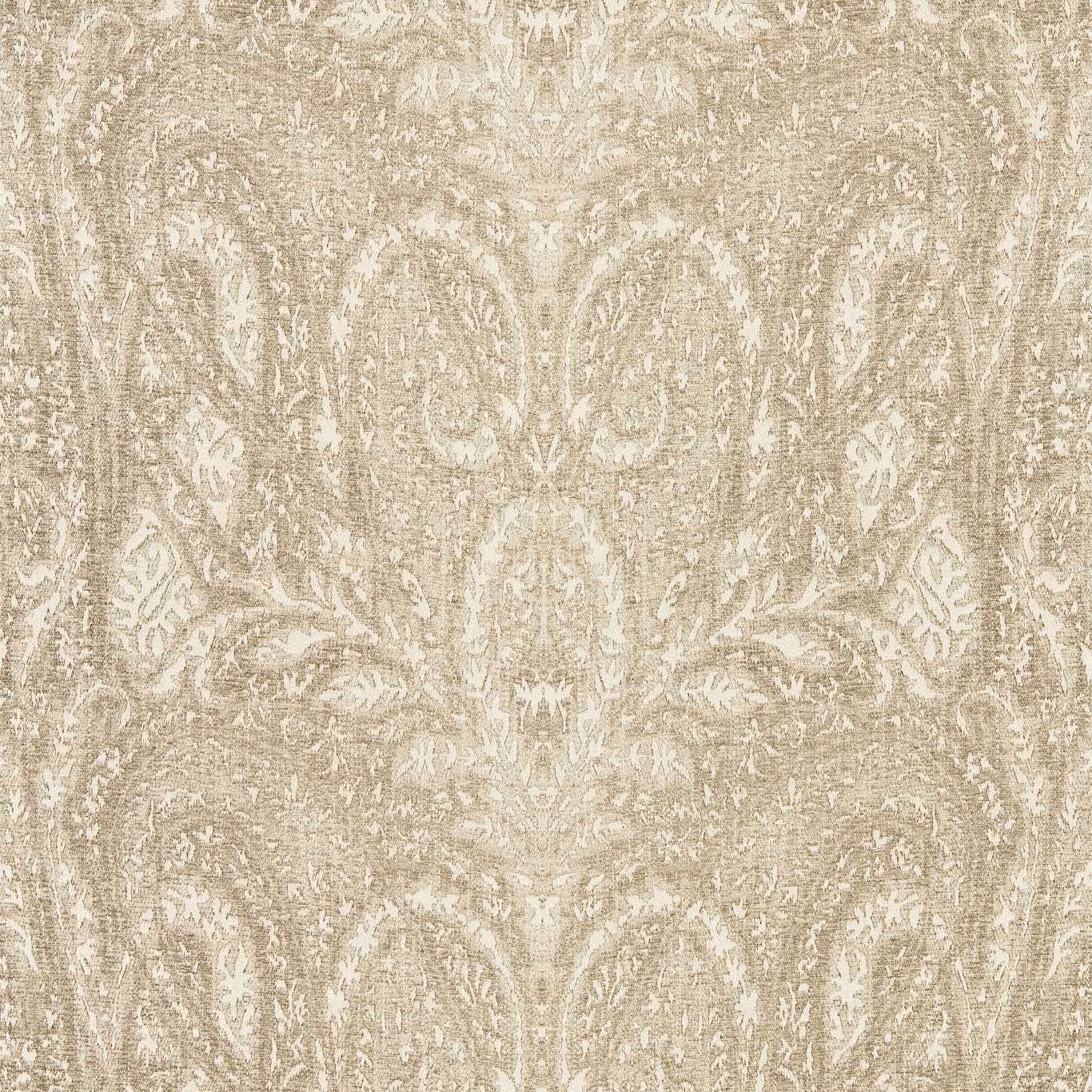 Muted linen-beige wallpaper with ivory distressed damask and scrolling botanical motifs