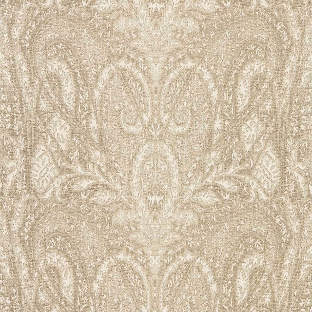 Muted linen-beige wallpaper with ivory distressed damask and scrolling botanical motifs