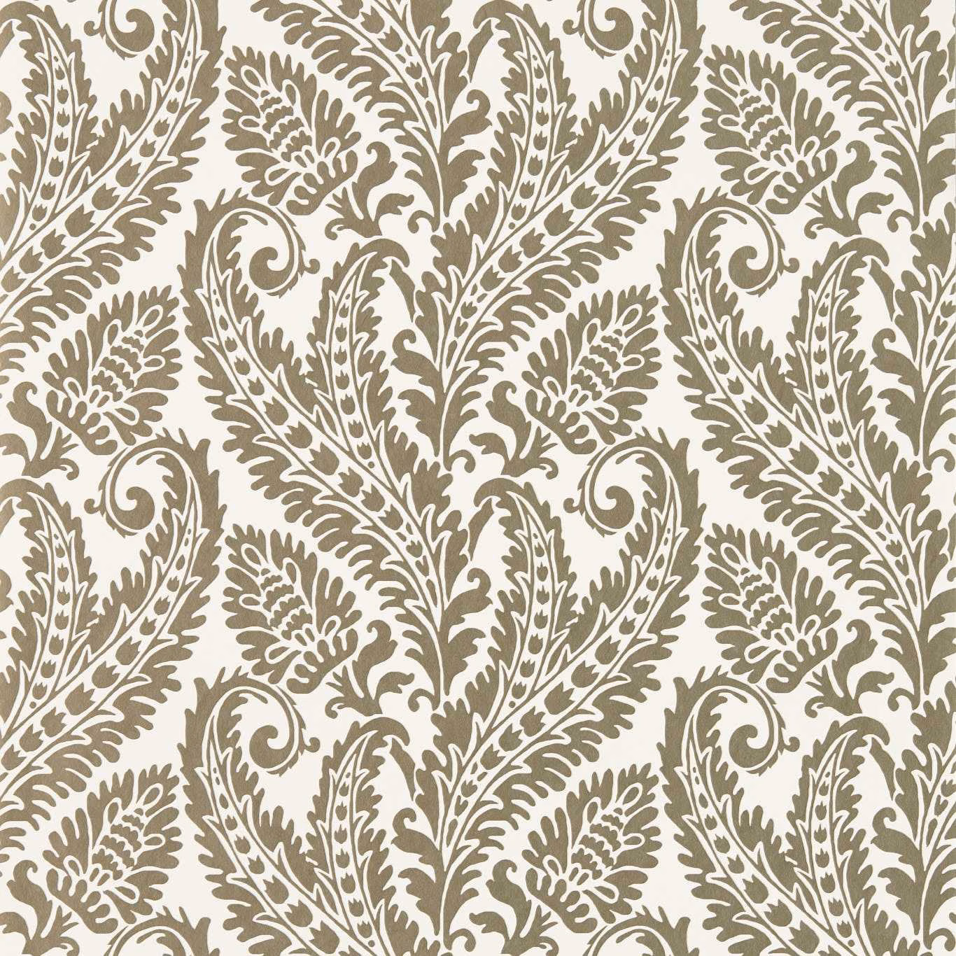 Muted taupe-grey paisley foliage and stylised flowers on an ivory wallpaper ground