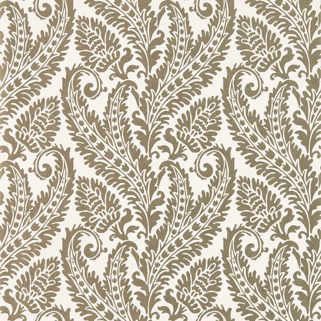 Muted taupe-grey paisley foliage and stylised flowers on an ivory wallpaper ground