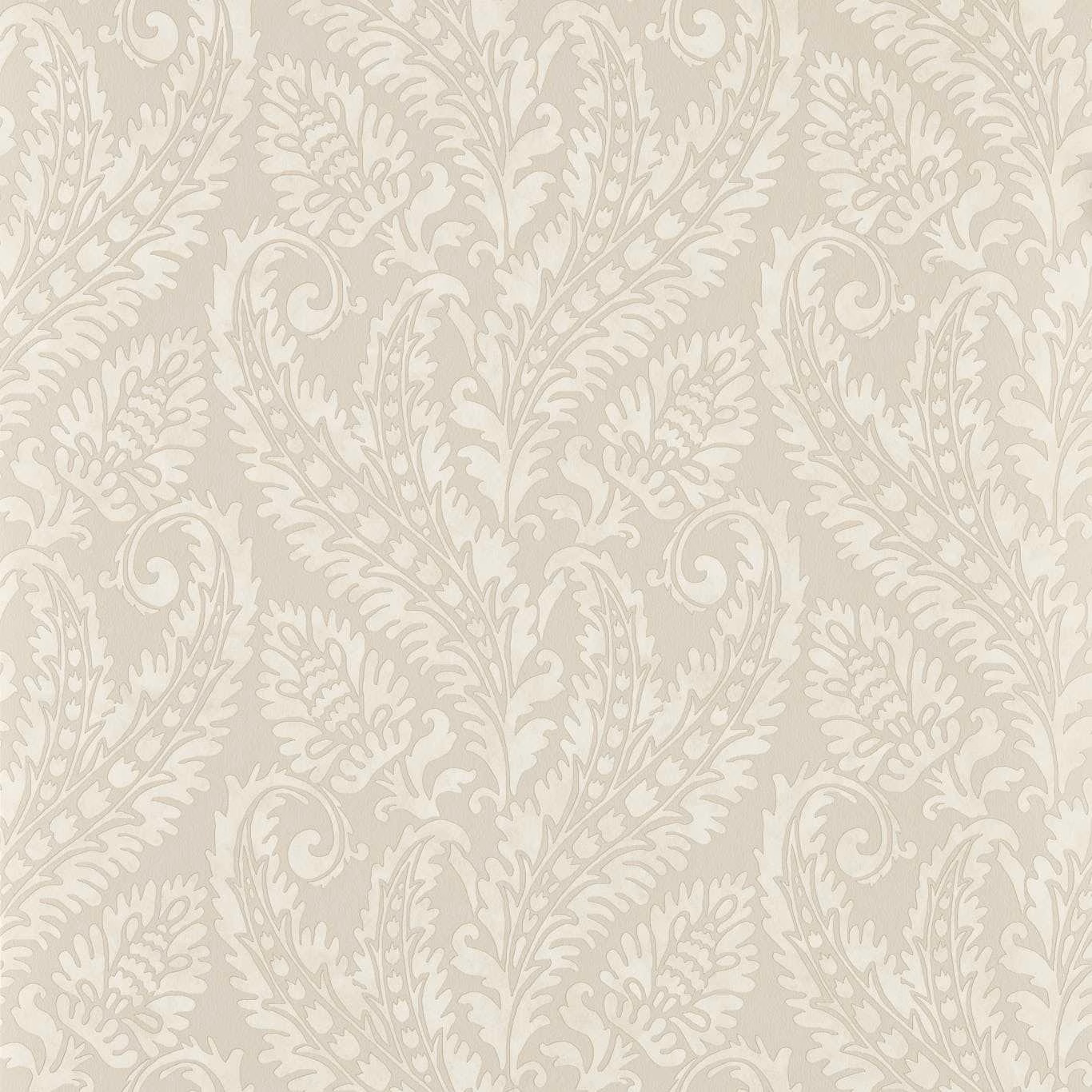 Warm ivory wallpaper with mocha scrolling damask foliage and curling acanthus motifs