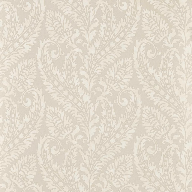 Warm ivory wallpaper with mocha scrolling damask foliage and curling acanthus motifs