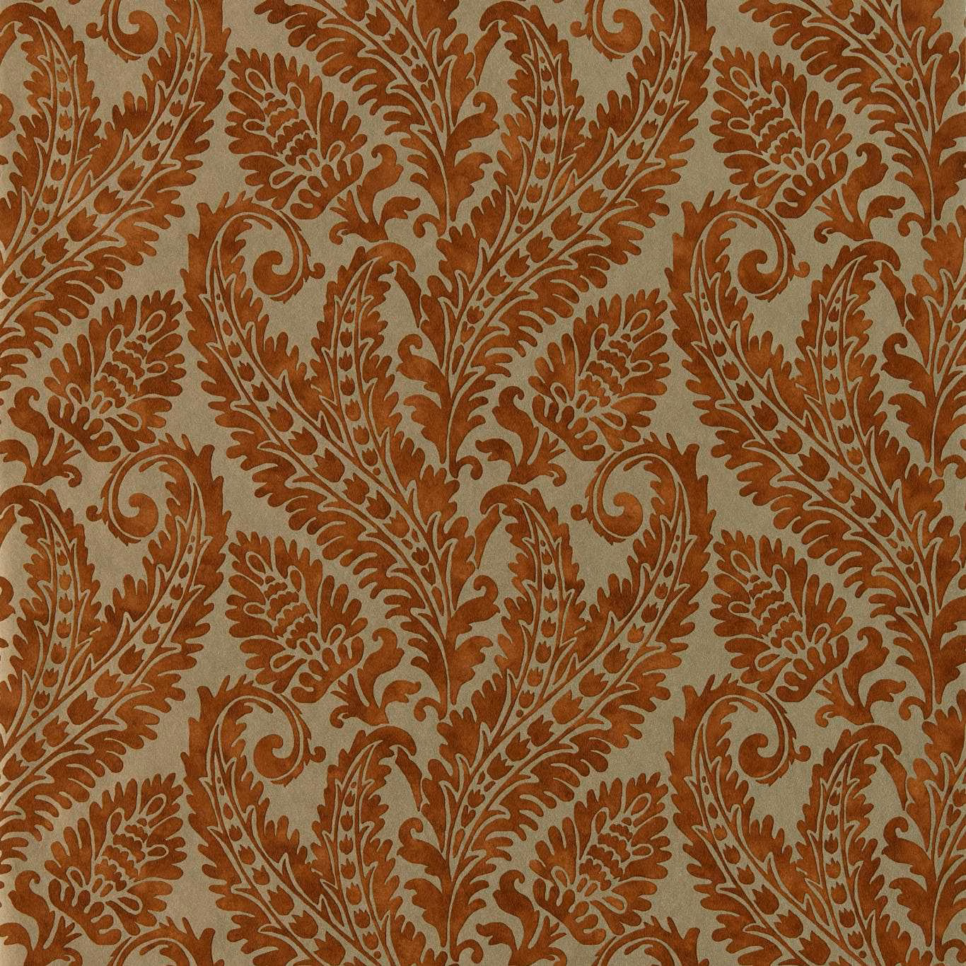 Warm russet wallpaper with silver-grey scrolling acanthus and leafy floral motifs