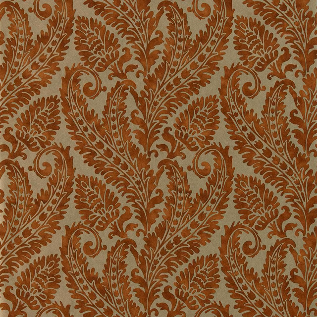 Warm russet wallpaper with silver-grey scrolling acanthus and leafy floral motifs