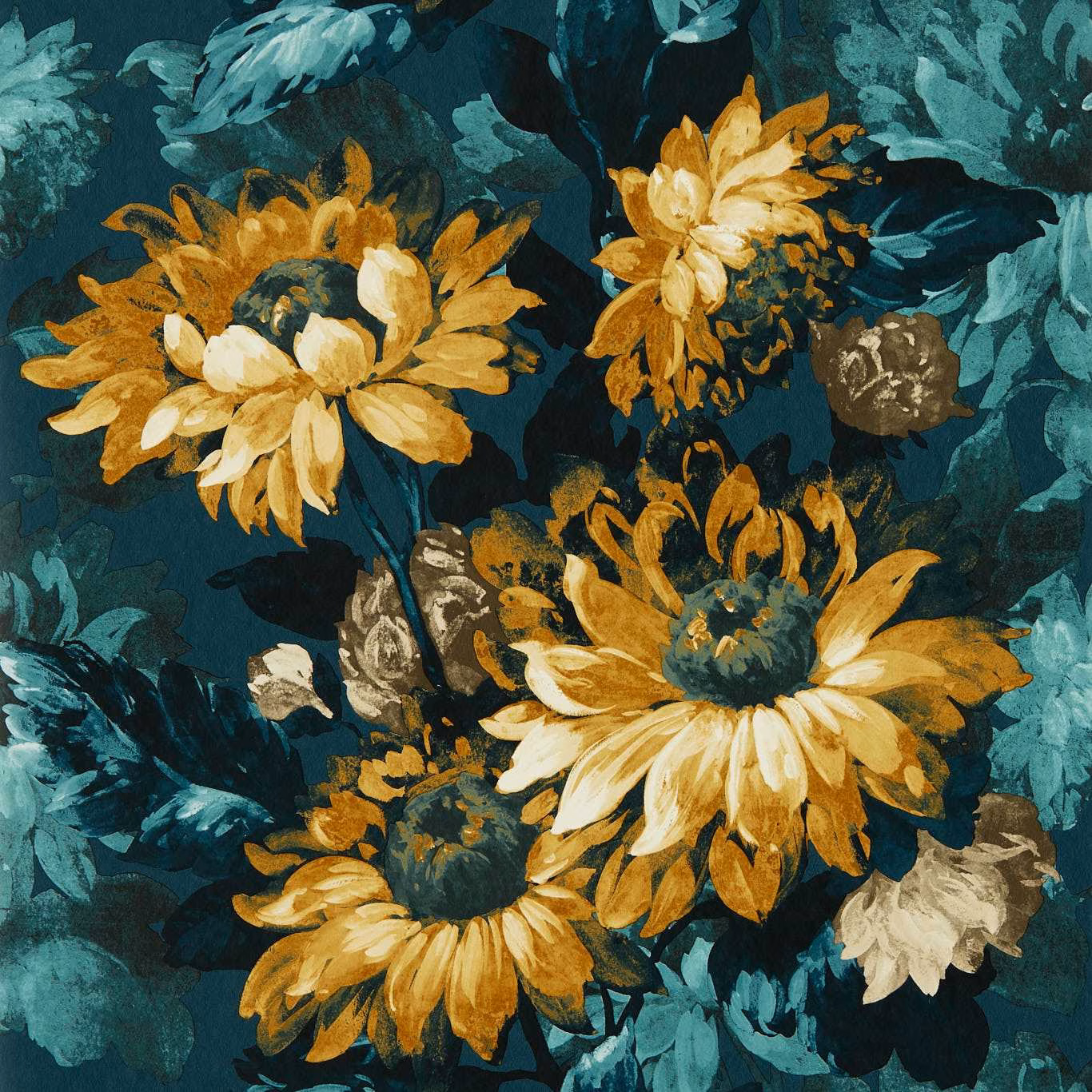 Deep denim-teal wallpaper with ochre sunflowers and painterly blue-green foliage