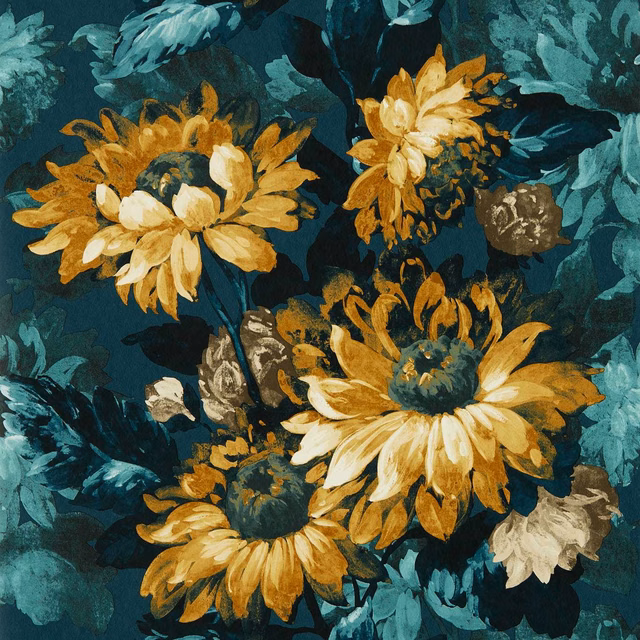 Deep denim-teal wallpaper with ochre sunflowers and painterly blue-green foliage